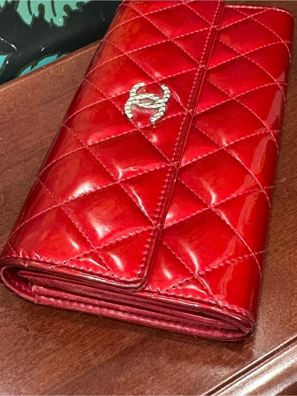 Chanel Classic Red Patent Quilted Long Flap Wallet Silver CC 13 Series